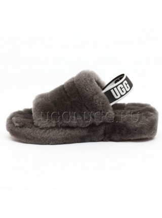 Меховые угги сандалии серые UGG Fluff Yeah Slide Grey